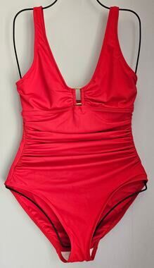 Lauren Ralph Lauren, Square Ring, Tummy Control,  One Piece Swimsuit, Red, Sz 10